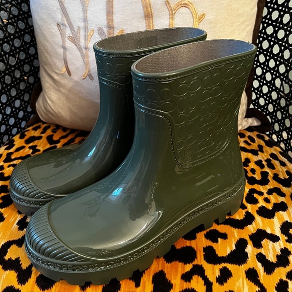 COACH Millie Army Green Logo Rain Boots NEW - Picture 8 of 11